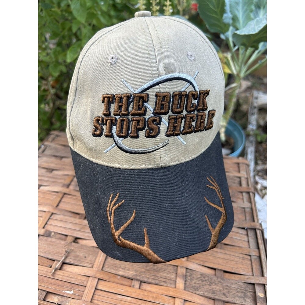 The Buck Stops Here Hat Cap Strap Back Tan Hunt Deer Antler Hunting Mens Hunter